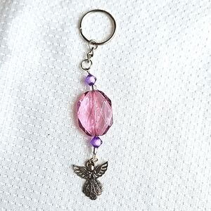 Guardian Silver Angel Crystal Purple Beaded Keychain, Keyring, Handmade